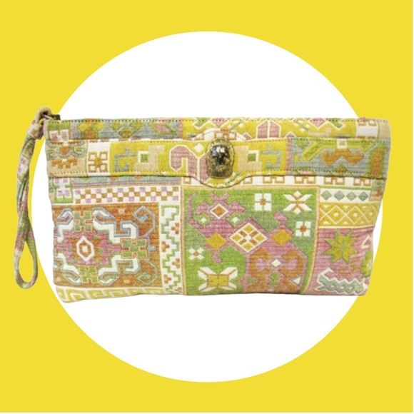 Vintage Ruth Saltz Handbag Cougar Clasp Designer Tapestry Purse Signature Clutch - Picture 1 of 6